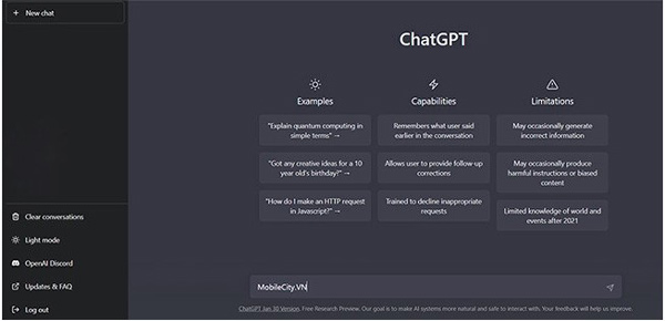 Giao diện ChatGPT khi xác thực tài khoản thành công